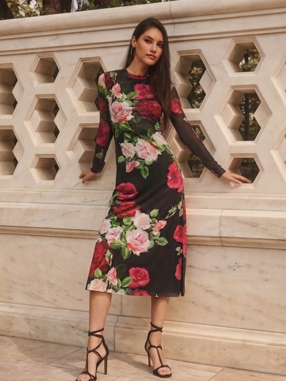 NWT JOHNNY WAS JADE LOLIA MESH ROSE FLORAL MIDI DRESS LARGE